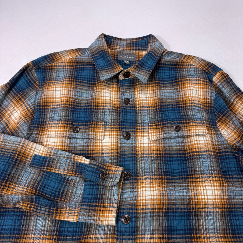 LL Bean Signature Men's Large Slim Chamois Cloth Flannel Shirt Blue Orange Plaid
